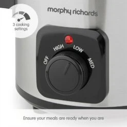 Morphy Richards Brushed Stainless Steel 1.5L Ceramic Slow Cooker -Morphy Richards Sales Store 460300 3 cooking settings text